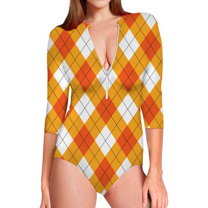 White And Orange Argyle Pattern Print Long Sleeve Swimsuit