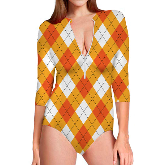 White And Orange Argyle Pattern Print Long Sleeve Swimsuit
