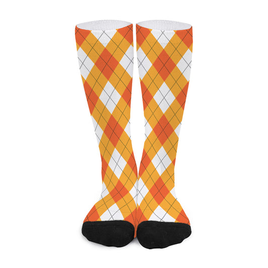 White And Orange Argyle Pattern Print Long Socks