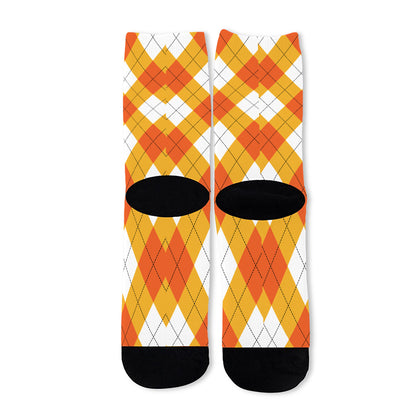 White And Orange Argyle Pattern Print Long Socks