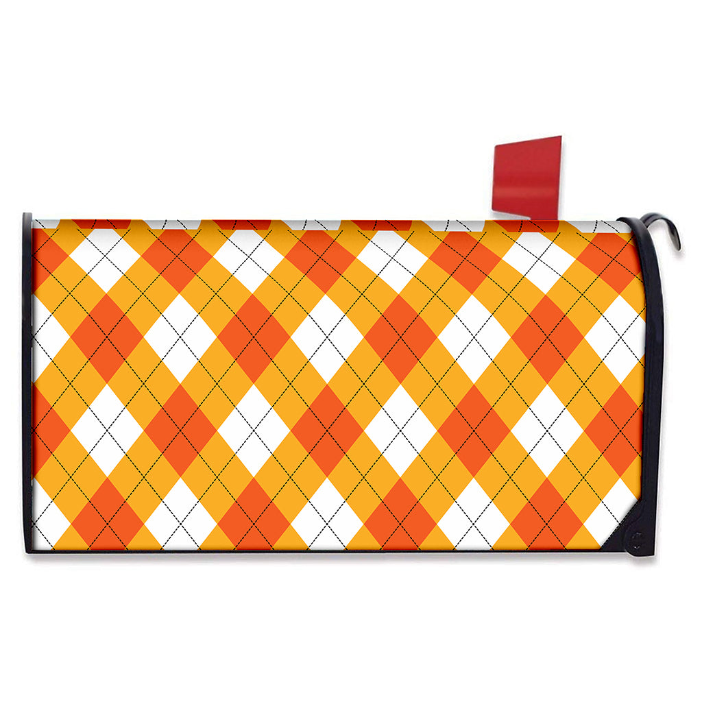 White And Orange Argyle Pattern Print Mailbox Cover