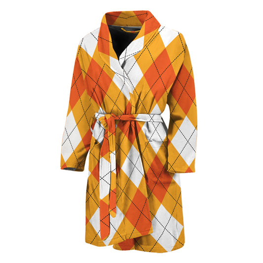 White And Orange Argyle Pattern Print Men's Bathrobe