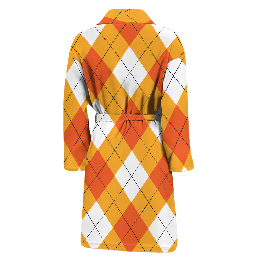 White And Orange Argyle Pattern Print Men's Bathrobe