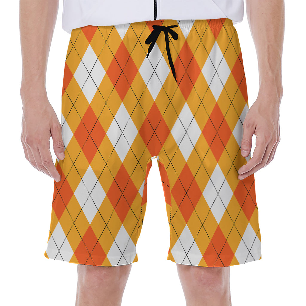 White And Orange Argyle Pattern Print Men's Beach Shorts