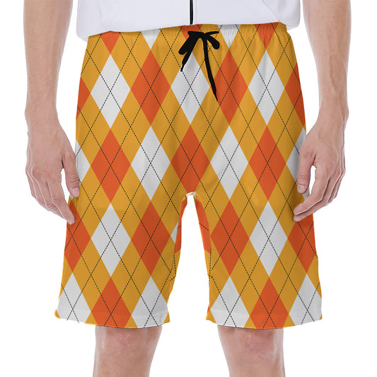 White And Orange Argyle Pattern Print Men's Beach Shorts