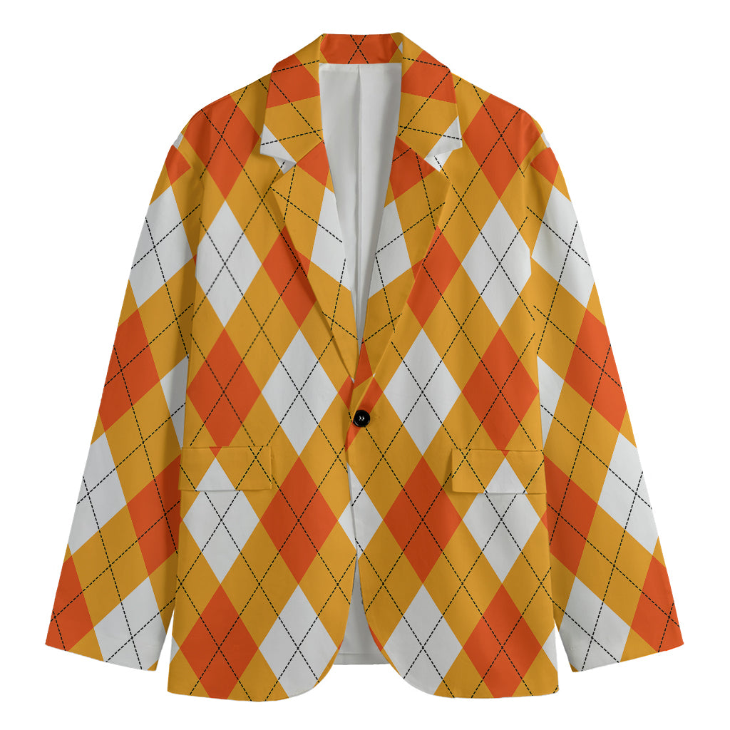 White And Orange Argyle Pattern Print Men's Blazer