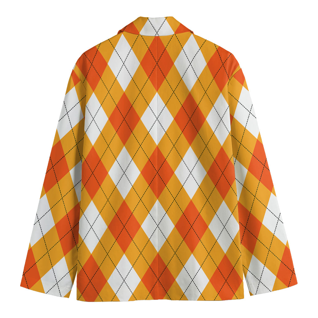 White And Orange Argyle Pattern Print Men's Blazer