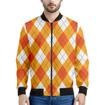 White And Orange Argyle Pattern Print Men's Bomber Jacket