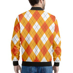 White And Orange Argyle Pattern Print Men's Bomber Jacket