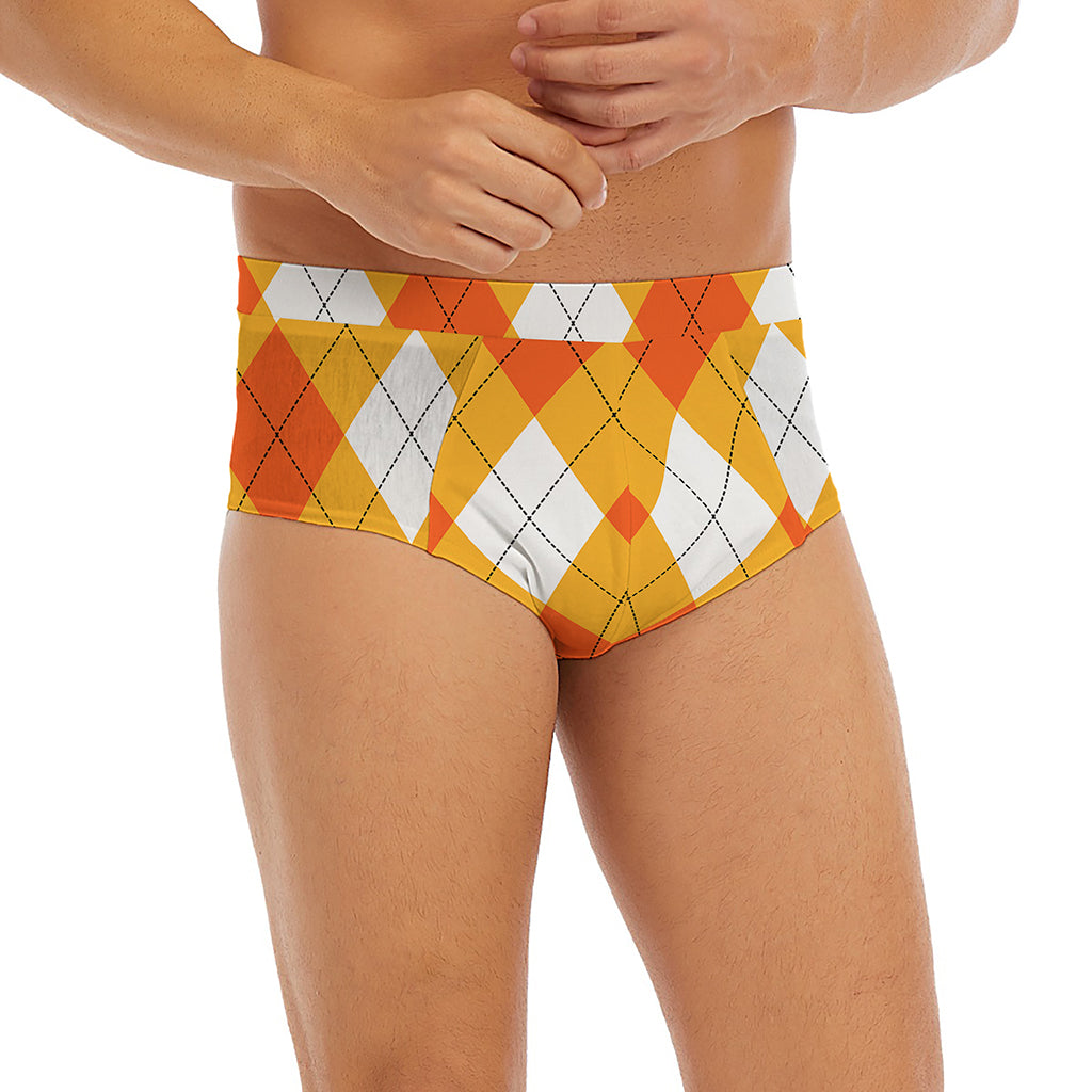 White And Orange Argyle Pattern Print Men's Briefs