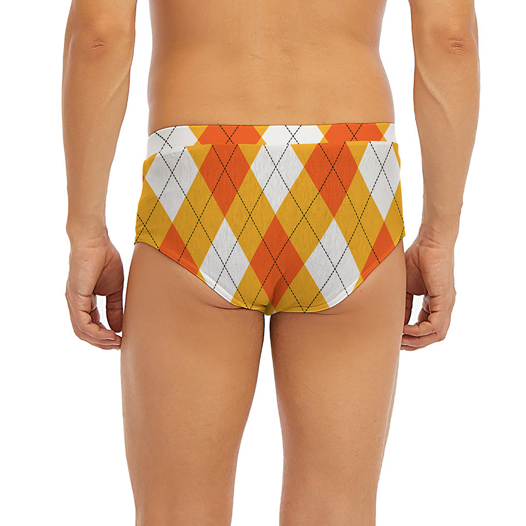 White And Orange Argyle Pattern Print Men's Briefs