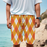 White And Orange Argyle Pattern Print Men's Cargo Shorts