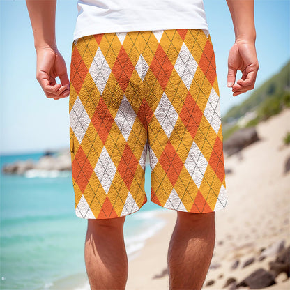 White And Orange Argyle Pattern Print Men's Cargo Shorts