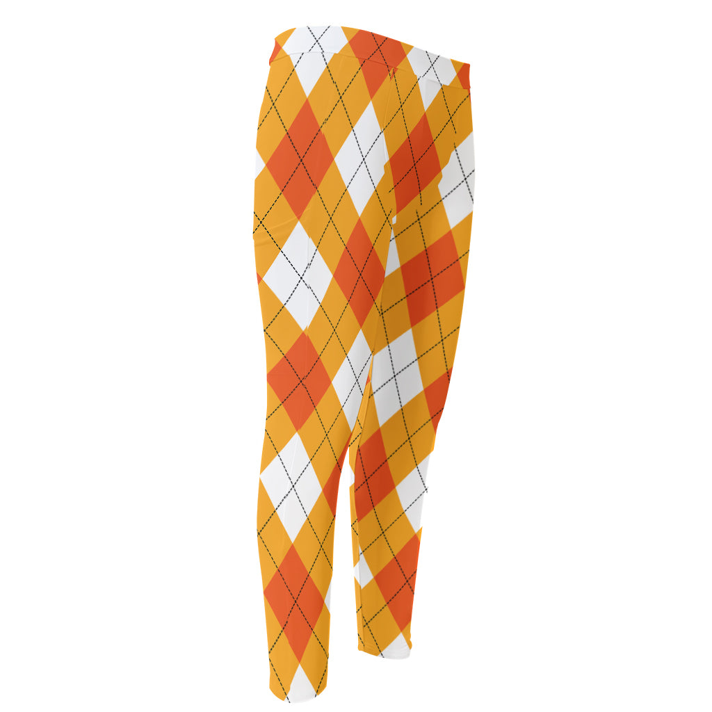 White And Orange Argyle Pattern Print Men's Compression Pants