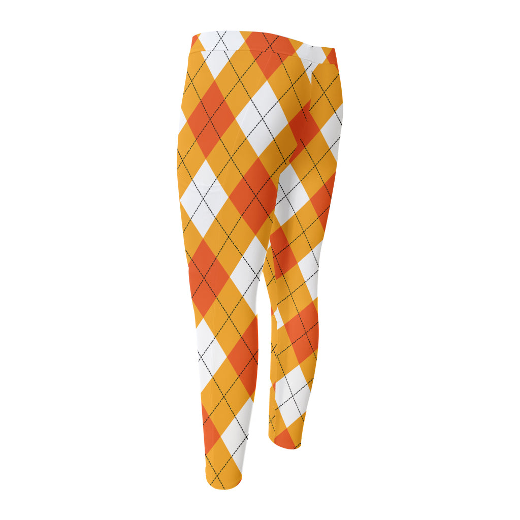 White And Orange Argyle Pattern Print Men's Compression Pants