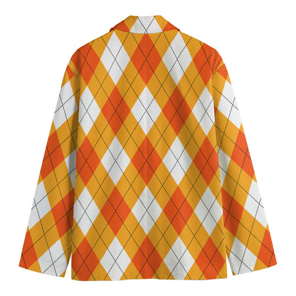 White And Orange Argyle Pattern Print Men's Cotton Blazer
