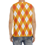 White And Orange Argyle Pattern Print Men's Fitness Tank Top