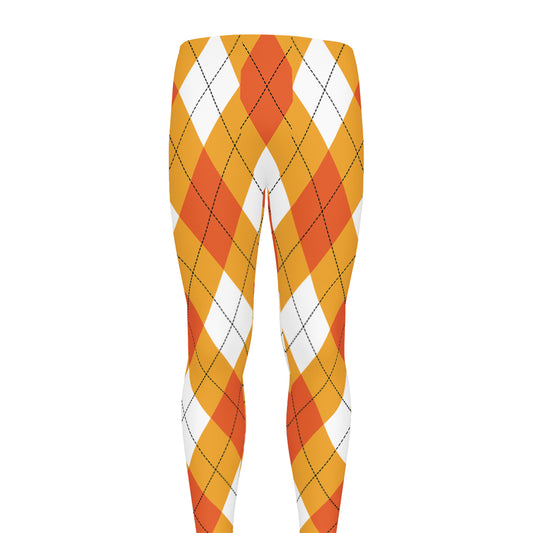 White And Orange Argyle Pattern Print Men's leggings
