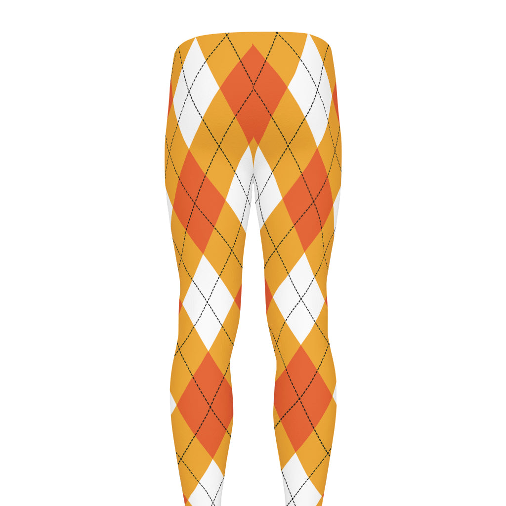 White And Orange Argyle Pattern Print Men's leggings