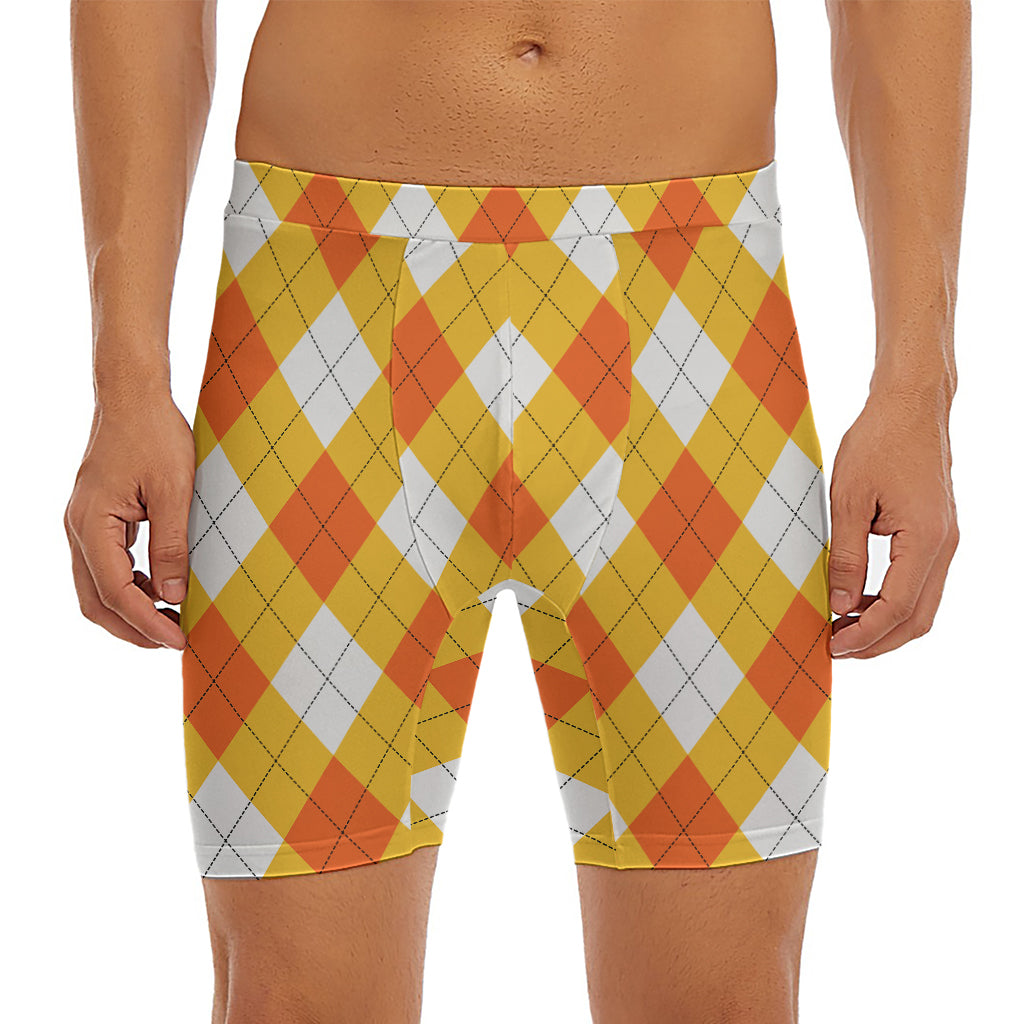 White And Orange Argyle Pattern Print Men's Long Boxer Briefs