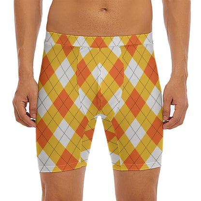 White And Orange Argyle Pattern Print Men's Long Boxer Briefs