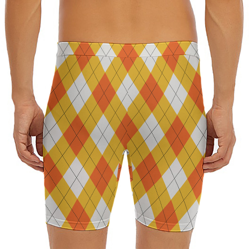 White And Orange Argyle Pattern Print Men's Long Boxer Briefs