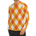 White And Orange Argyle Pattern Print Men's Long Sleeve Rash Guard