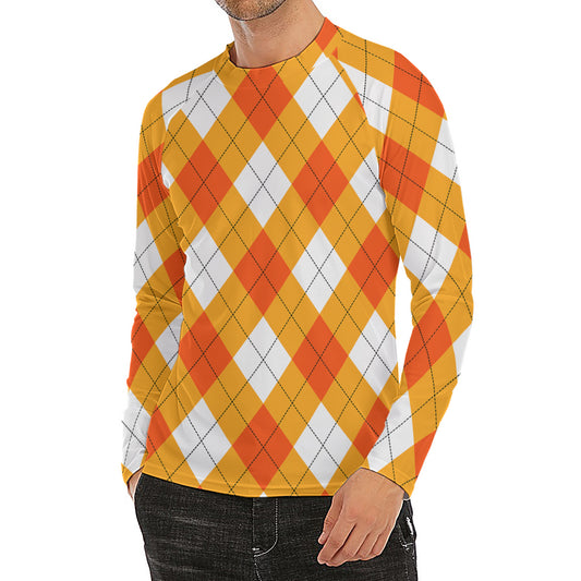 White And Orange Argyle Pattern Print Men's Long Sleeve Rash Guard