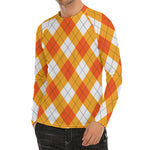 White And Orange Argyle Pattern Print Men's Long Sleeve Rash Guard
