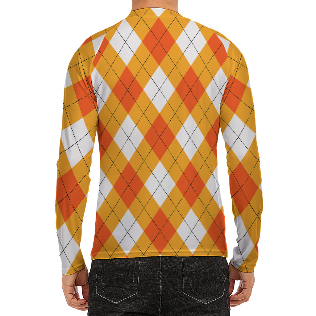 White And Orange Argyle Pattern Print Men's Long Sleeve Rash Guard