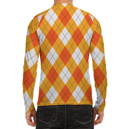 White And Orange Argyle Pattern Print Men's Long Sleeve Rash Guard