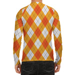 White And Orange Argyle Pattern Print Men's Long Sleeve Rash Guard