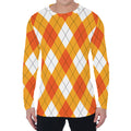 White And Orange Argyle Pattern Print Men's Long Sleeve T-Shirt