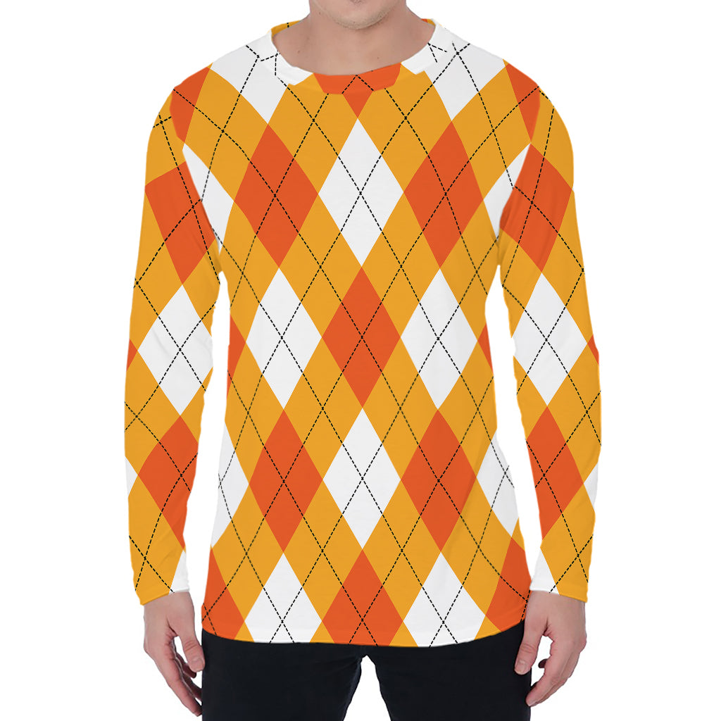 White And Orange Argyle Pattern Print Men's Long Sleeve T-Shirt