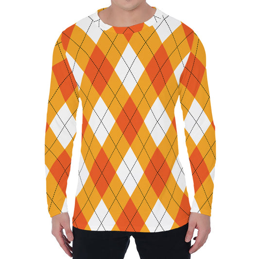 White And Orange Argyle Pattern Print Men's Long Sleeve T-Shirt
