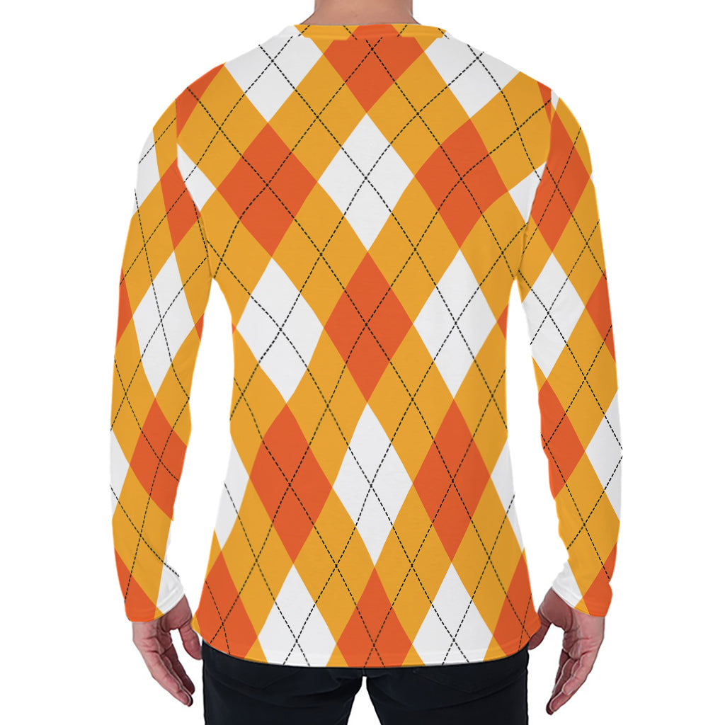 White And Orange Argyle Pattern Print Men's Long Sleeve T-Shirt