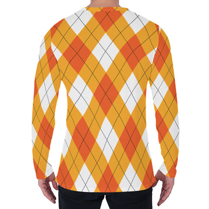 White And Orange Argyle Pattern Print Men's Long Sleeve T-Shirt