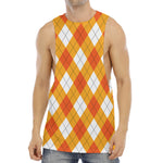 White And Orange Argyle Pattern Print Men's Muscle Tank Top
