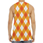 White And Orange Argyle Pattern Print Men's Muscle Tank Top
