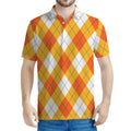 White And Orange Argyle Pattern Print Men's Polo Shirt