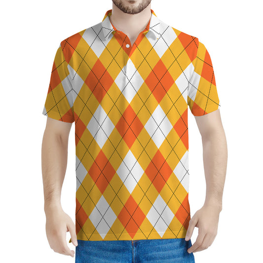 White And Orange Argyle Pattern Print Men's Polo Shirt