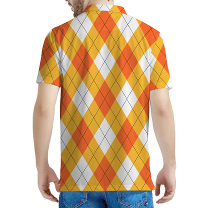 White And Orange Argyle Pattern Print Men's Polo Shirt
