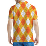 White And Orange Argyle Pattern Print Men's Polo Shirt