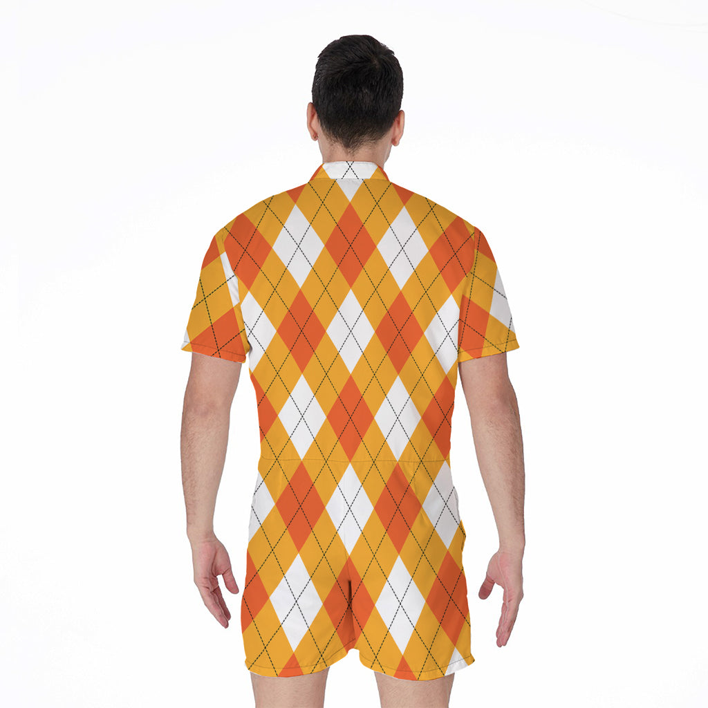 White And Orange Argyle Pattern Print Men's Rompers