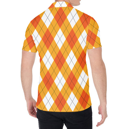 White And Orange Argyle Pattern Print Men's Shirt