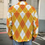 White And Orange Argyle Pattern Print Men's Shirt Jacket