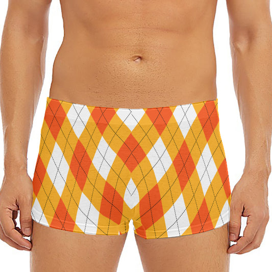 White And Orange Argyle Pattern Print Men's Short Boxer Briefs
