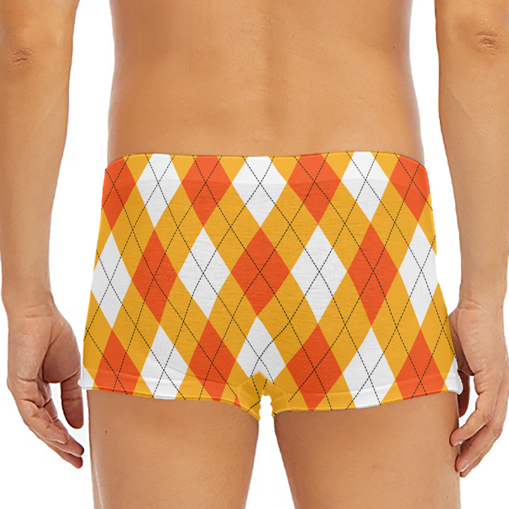 White And Orange Argyle Pattern Print Men's Short Boxer Briefs
