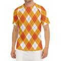 White And Orange Argyle Pattern Print Men's Short Sleeve Rash Guard