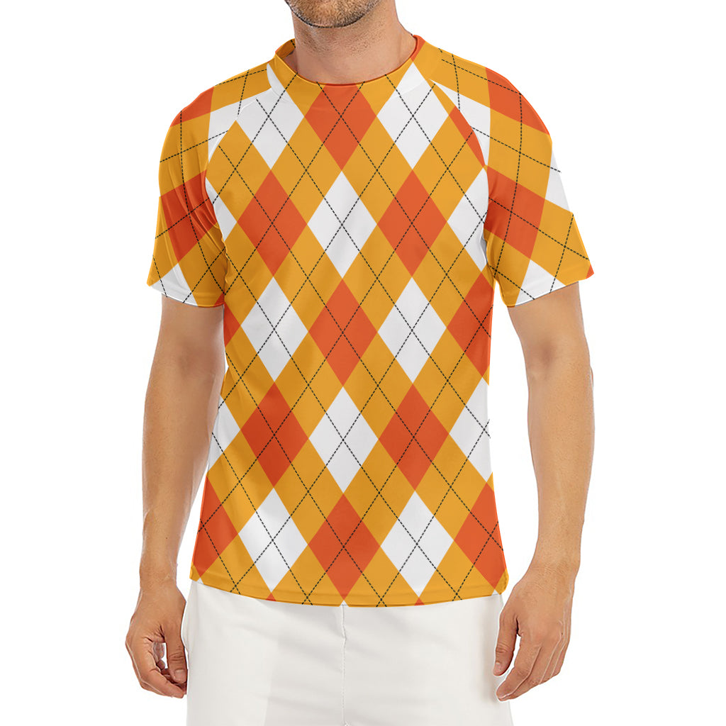 White And Orange Argyle Pattern Print Men's Short Sleeve Rash Guard